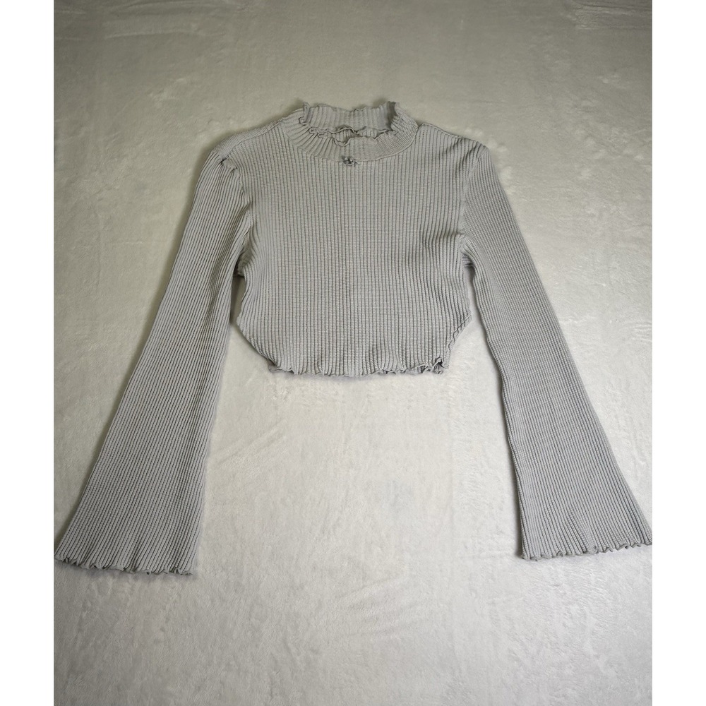 Intimately Free People Cropped Light‎ Blue Gray Bell Sleeved Waffle Fabric Top M